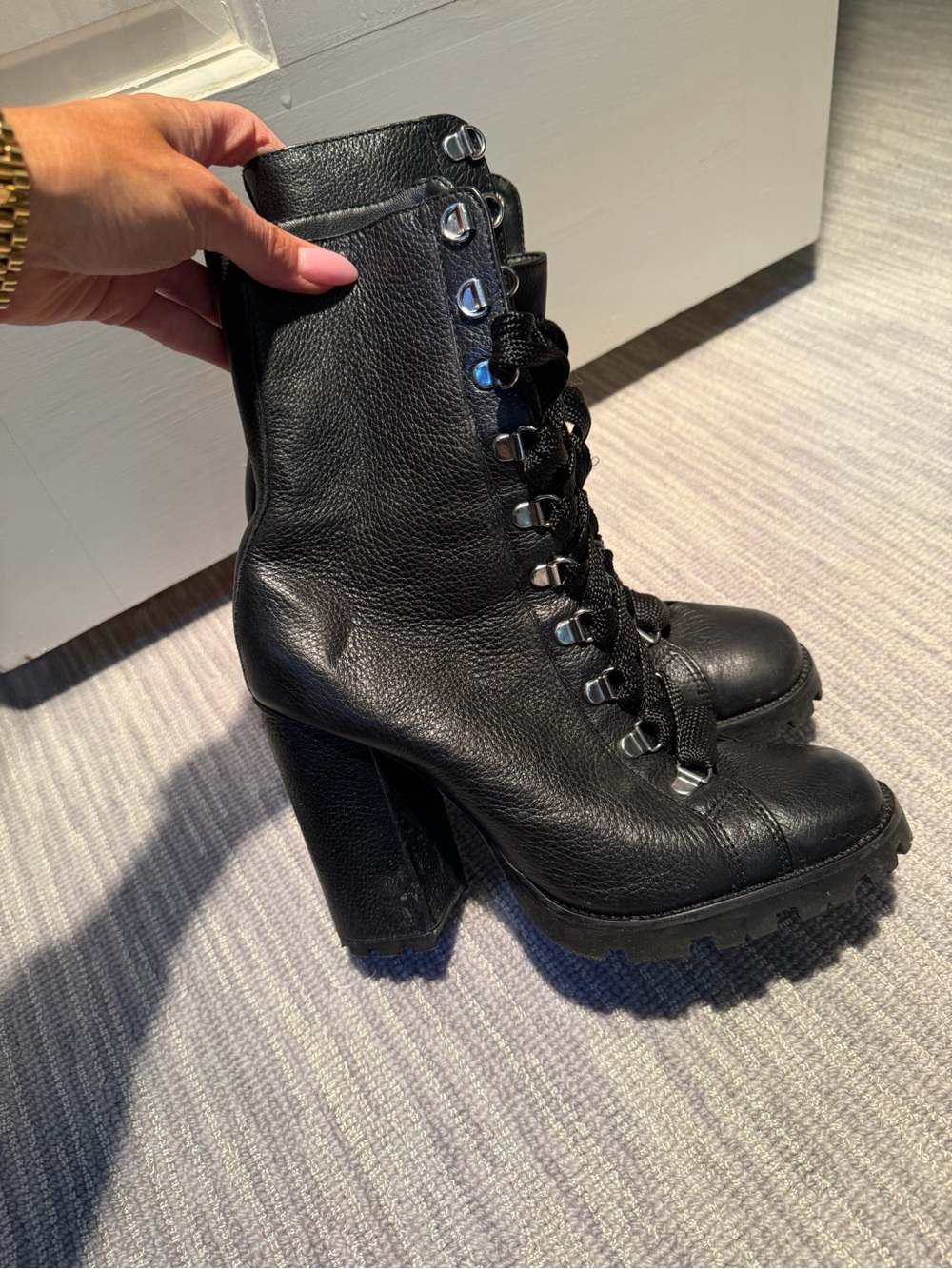 SCHUTZ Black Leather Lace-Up Chunky Heel Combat Boots